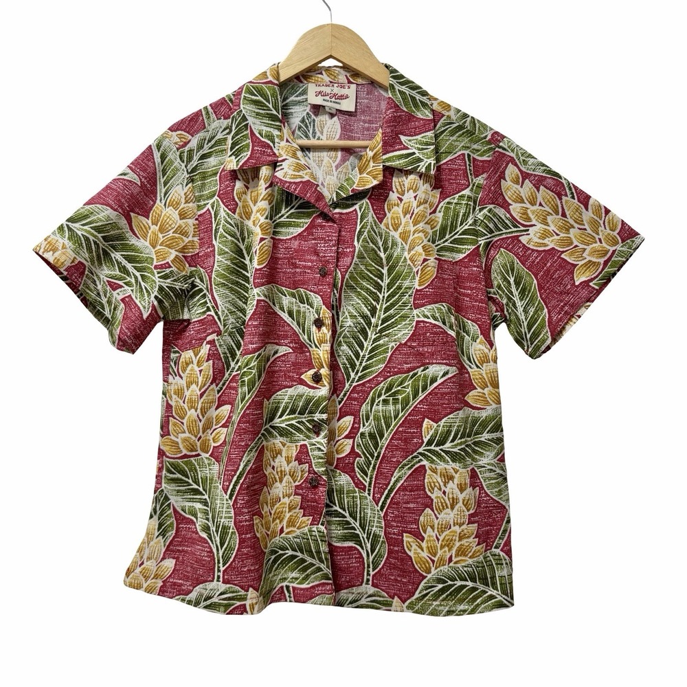 Hilo Hattie x Trader Joes Womens Hawaiian Floral Button Up Shirt Size XL Red